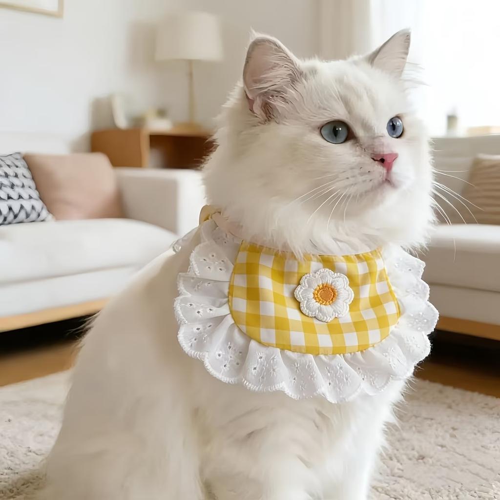 2pcs Checkered Dog Bib Set, Lace Trim Pet Bandana with Flower for Small Dogs