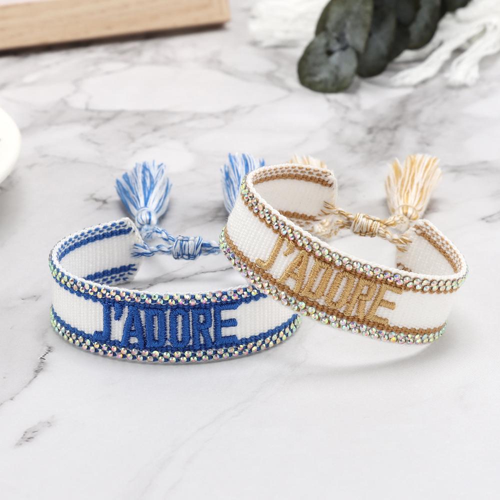 Rhinestone Embroidery Woven Bracelets Adjustable Rope Stackable Bangle For Women