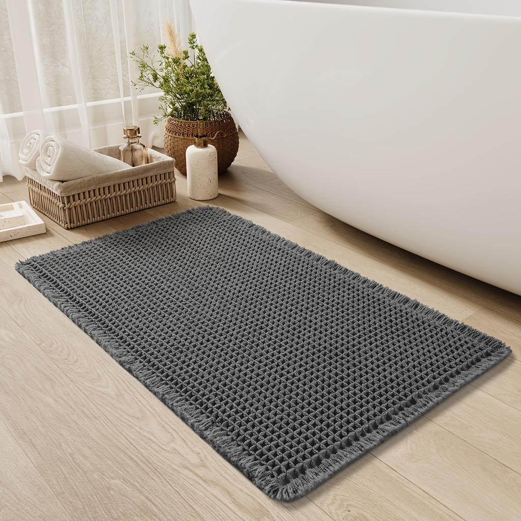 Ultra-Absorbent Waffle Bath Mat - Non-Slip, Machine Washable with Tassels, Rubber Backed Polyester Blend Rug for Bathroom Floor
