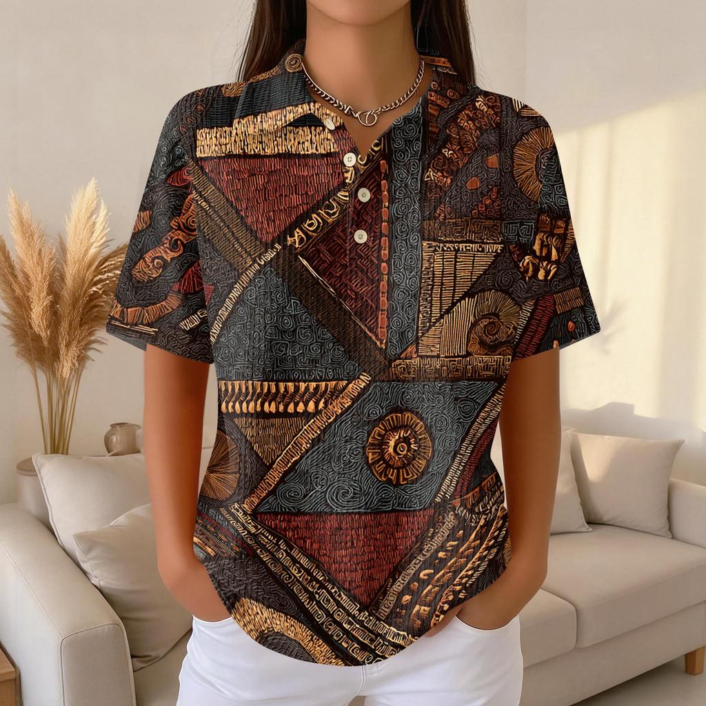 Women's Casual Short Sleeve Waffle Knit Polo Shirt Vintage Floral Print Button Down Collared Top Lightweight Breathable Fabric