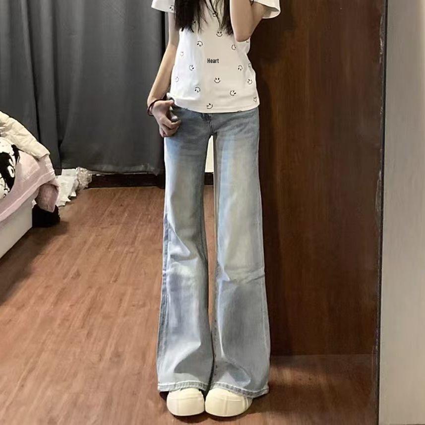 Light Blue Plush High-Waisted Micro-Flare Jeans for Women - 2025 Spring/Autumn Loose Fit Floor-Length Bell Bottoms