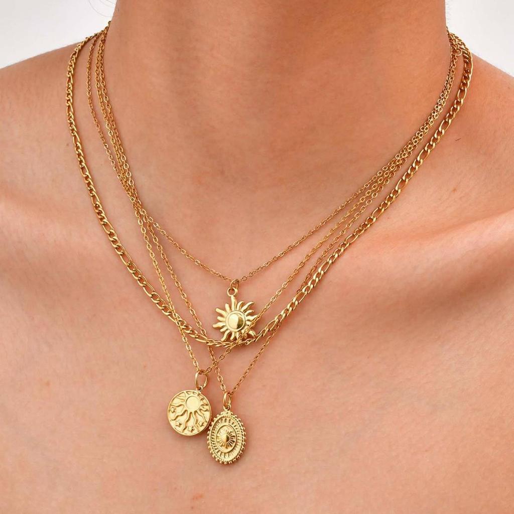 18K Gold-Plated Sun Pendant Titanium Steel Necklace for Women