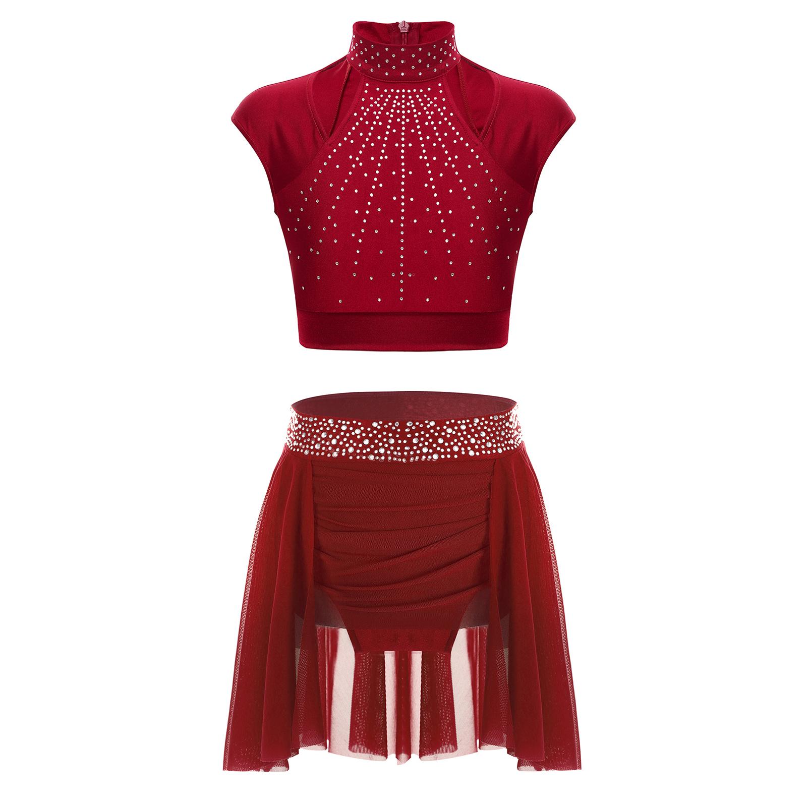 

Одяг для фігурного катання для дівчаток, укорочений топ без рукавів, пояс зі стразами, нерегулярна спідниця з рюшами, танцювальний одяг 11-12 Years бордовий