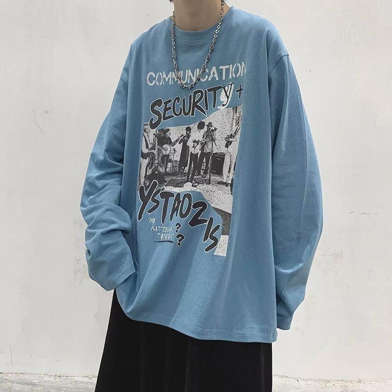 Напечатанный свитер осень-зима для мужчин весна и осень 2024 года, корейский новый свободный топ с круглым вырезом, шикарный стиль Гонконга, модный 8XL синий