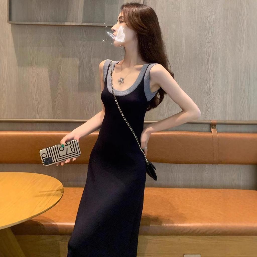 Women's French-Style Knitted Slimming Vest Dress - Summer Long Design