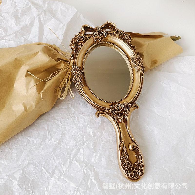 Handheld Rose Mirror Vintage – Portable Oval Makeup Mirror with Embossed Floral Design, Travel Cosmetic Mirror for Women Girls