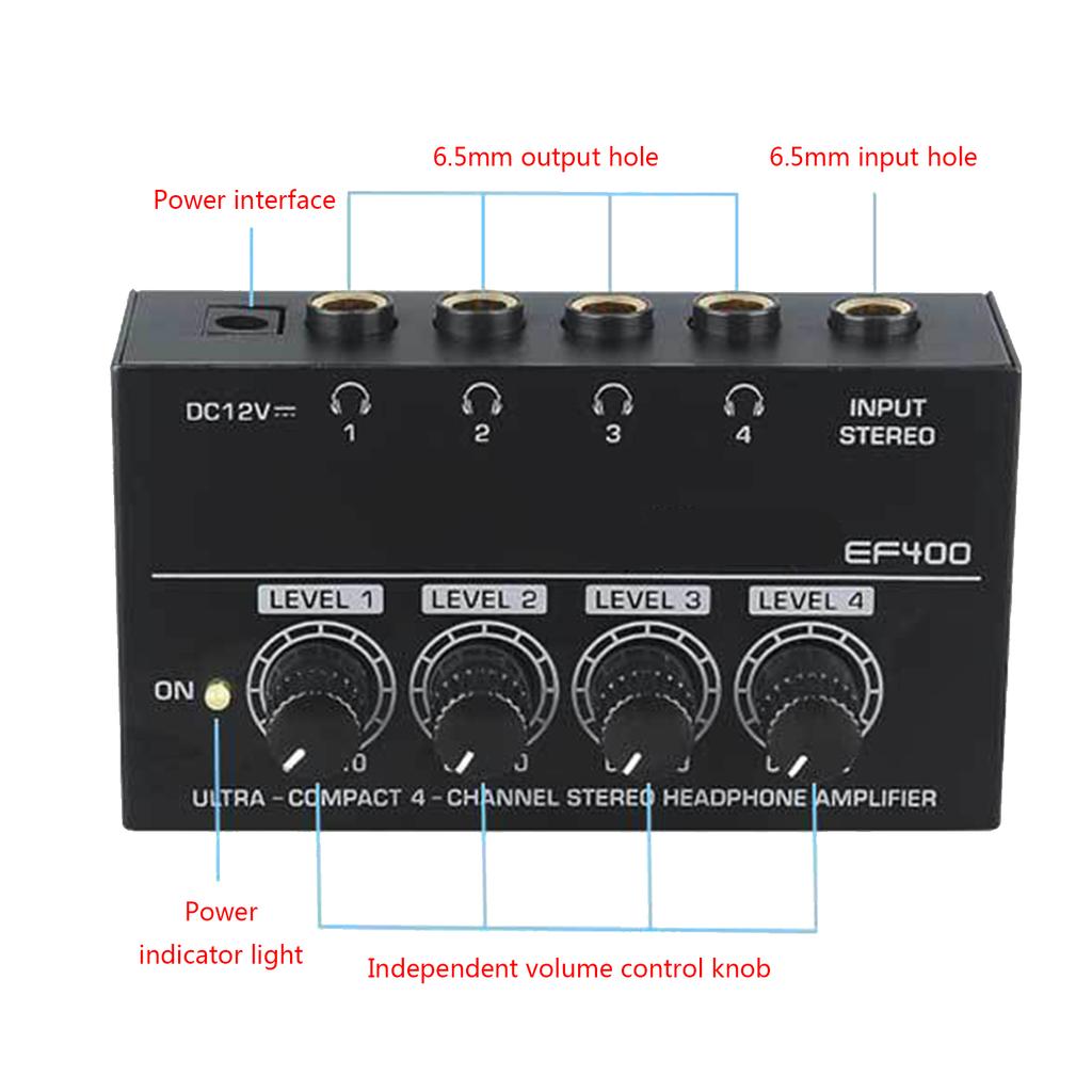 Audio HA400 4 Channel Headphone Amplifier Stereo Audio Amp 12V Power Adapter