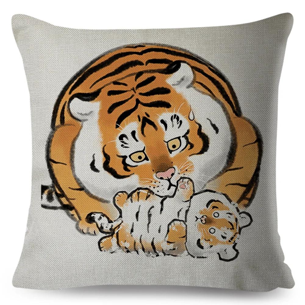 Funny Fat Tiger Cushion Cover Decor Cute Cartoon Animal Pillow Case for Sofa Home Car Linen Chinese Ink Throw Pillowcase