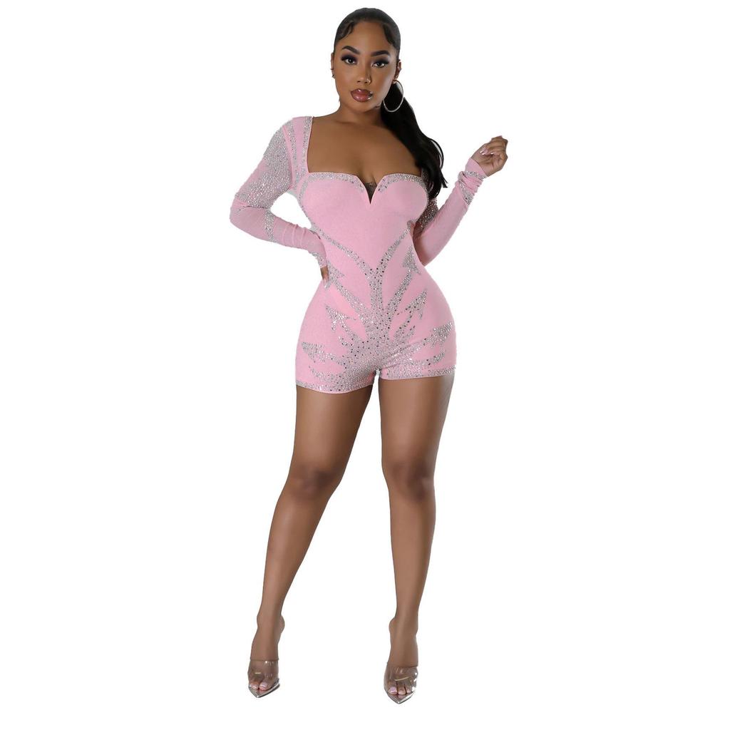 K2900 Rhinestone Elastic Long Sleeve Jumpsuit