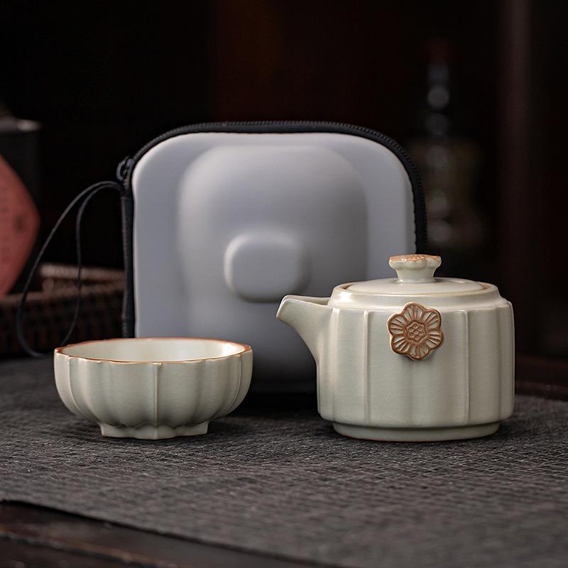 Chinese Gongfu Tea Set Ruyao Ceramic Portable Teapot with Cup for One Person Travel Office Home Gift