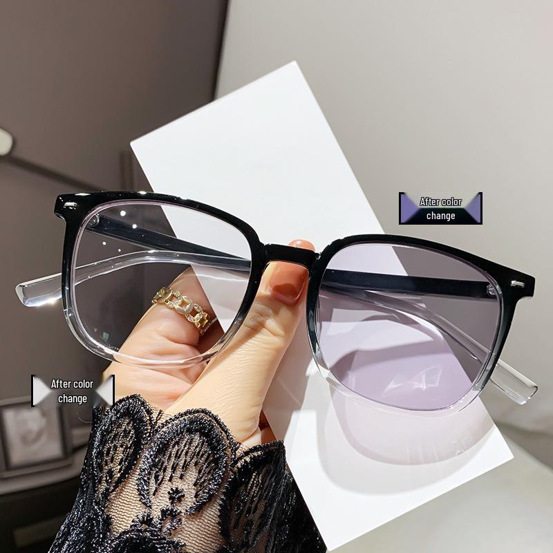 Women's TR90 Color-Changing Myopia Glasses: Large Frame, Versatile Cold Tea Hue, Anti-Blue Light.