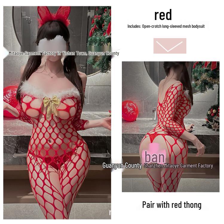 Christmas & New Year See-Through Gold Bow Fishnet Bodystocking with Open Crotch