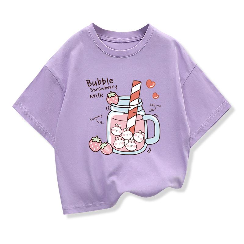 Children's Short-sleeve Patterned Top 2026 Summer New Children's Clothing Girls' Bubble Strawberry Milk Cartoon Casual T-shirt