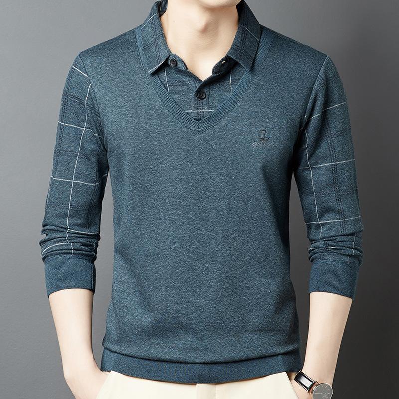 

Весна и осень, деловая мужская футболка из двух частей с длинными рукавами для мужчин среднего и пожилого возраста, повседневный топ с лацканами в клетку XL