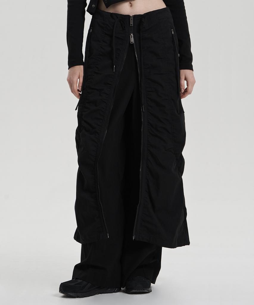Jenyujeu Layered Belt Zipper Long Skirt - Black