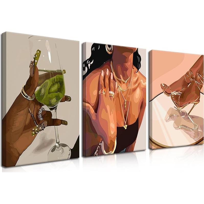 Goipwss Framed Trendy Black Girl Wall Art Set of 3, African American Pictures Wall Decor Fashion African Woman Canvas Prints Black People Paintings 12L  x 16W