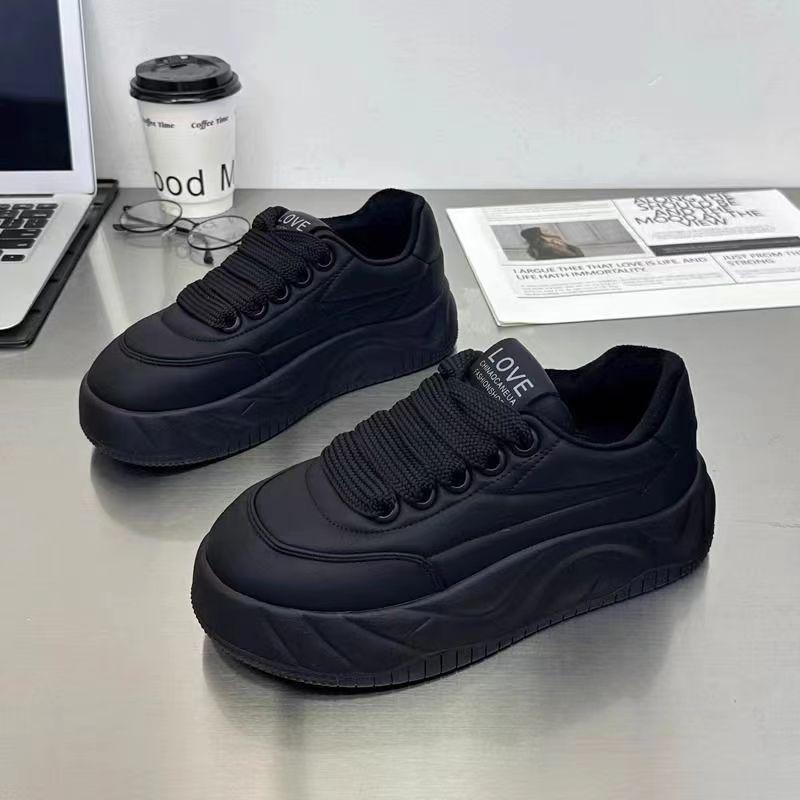 ins trendy full leather casual board shoes velvet autumn and winter heightening thick-soled small muffin shoes