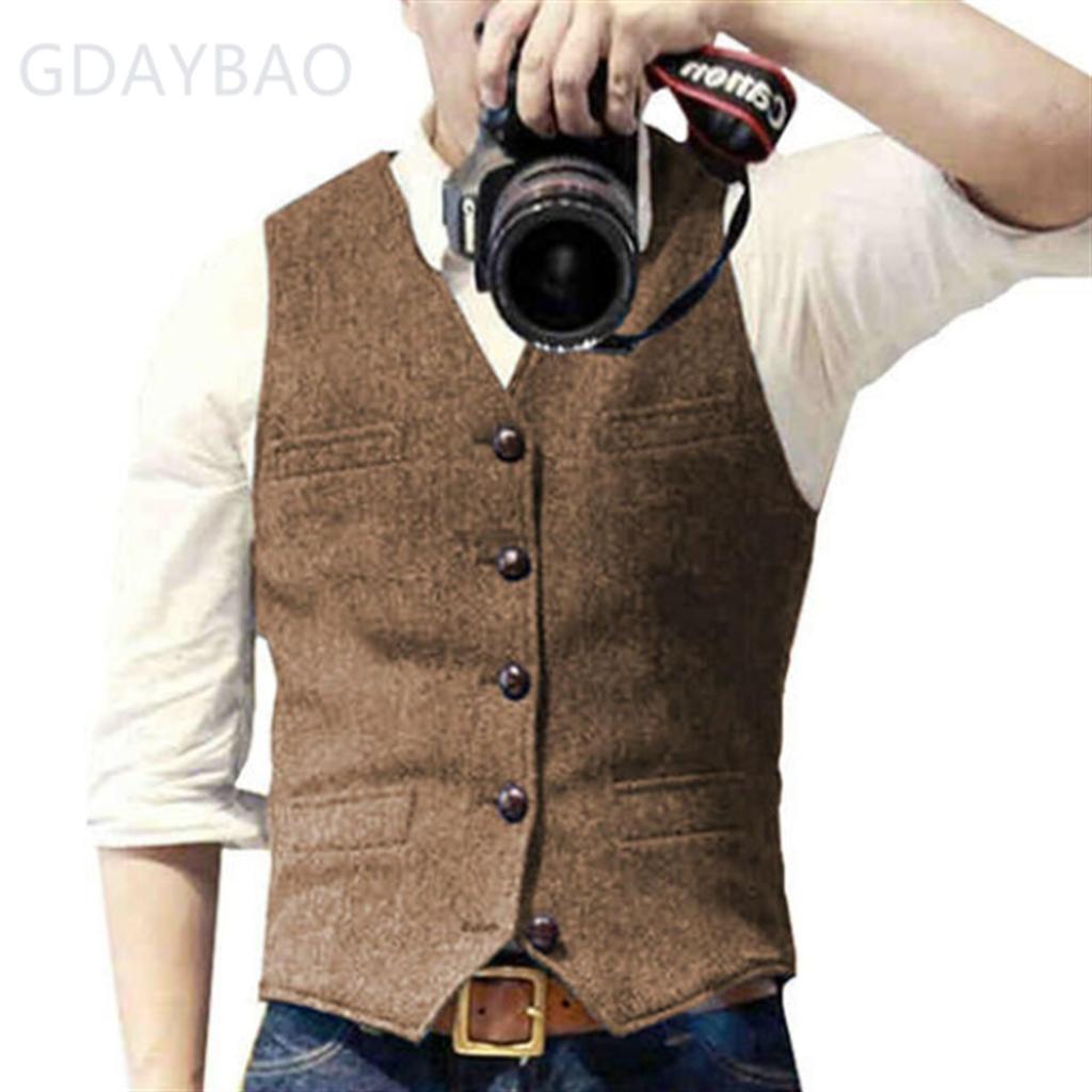 European & American Men's Retro Herringbone Wool Vest - British Style Single-Breasted Casual Waistcoat