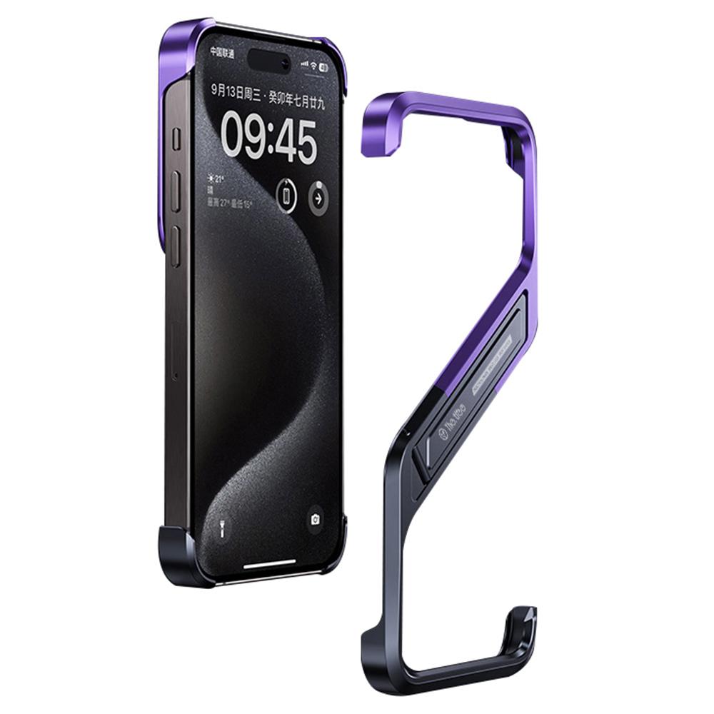 

For iPhone 16 Pro Frameless Case S-Shaped Aluminium Alloy Phone Cover with Kickstand Purple