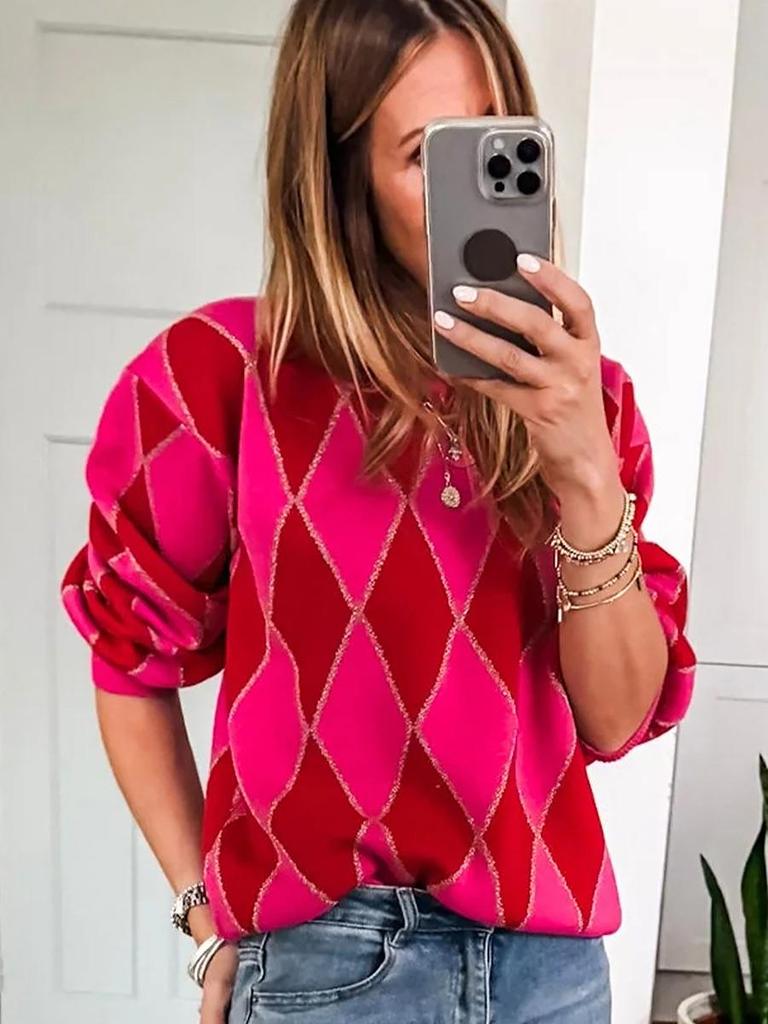 2025 Autumn/Winter Women's Casual Round Neck Color Block Print Sweater - Warm Long Sleeve Top