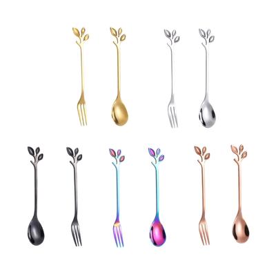 Stainless Steel Spoon Fork Set Coffee Tea Spoons Dessert Forks Ice Cream Tool Leaf Handle Kitchen Tool Home Decors
