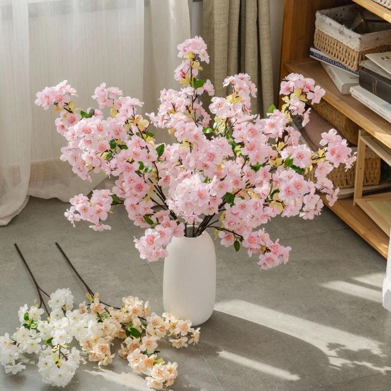 Hotel Decor Artificial 3 Forks Cherries Blossoms Branch Silk Fake Flower Garden Decorated Pink Cherry Blossom Simulation Flowers