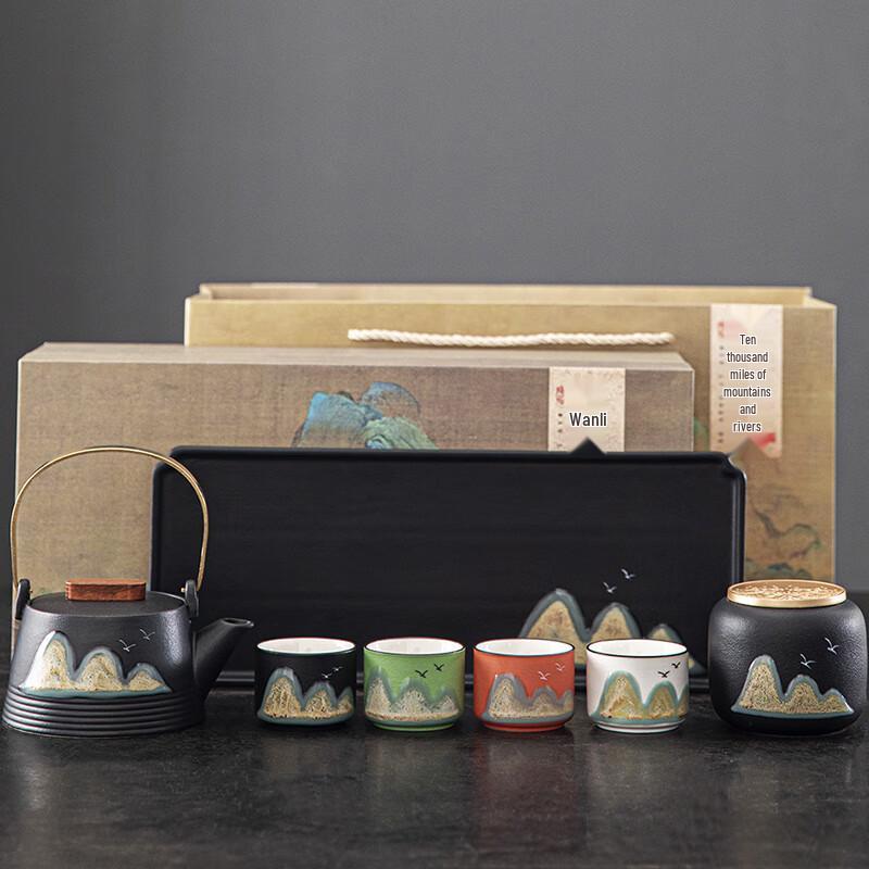 Lenore Rough Pottery Tea Set with Teapot, 4 Cups, Caddy & Tray