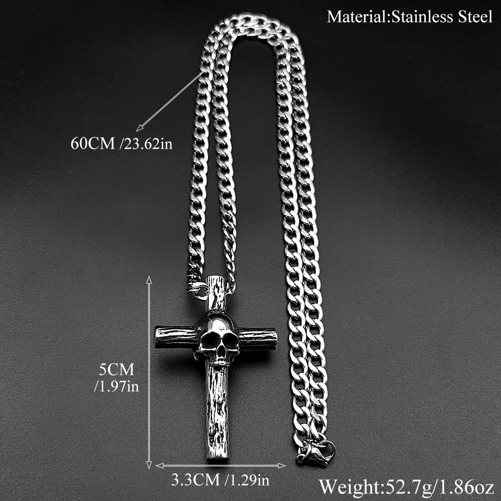 Gothic Stainless Steel Skull Wood Textured Cross Pendant Necklace For Men Women Punk Hip Hop Silver Color Chain Party Jewelry