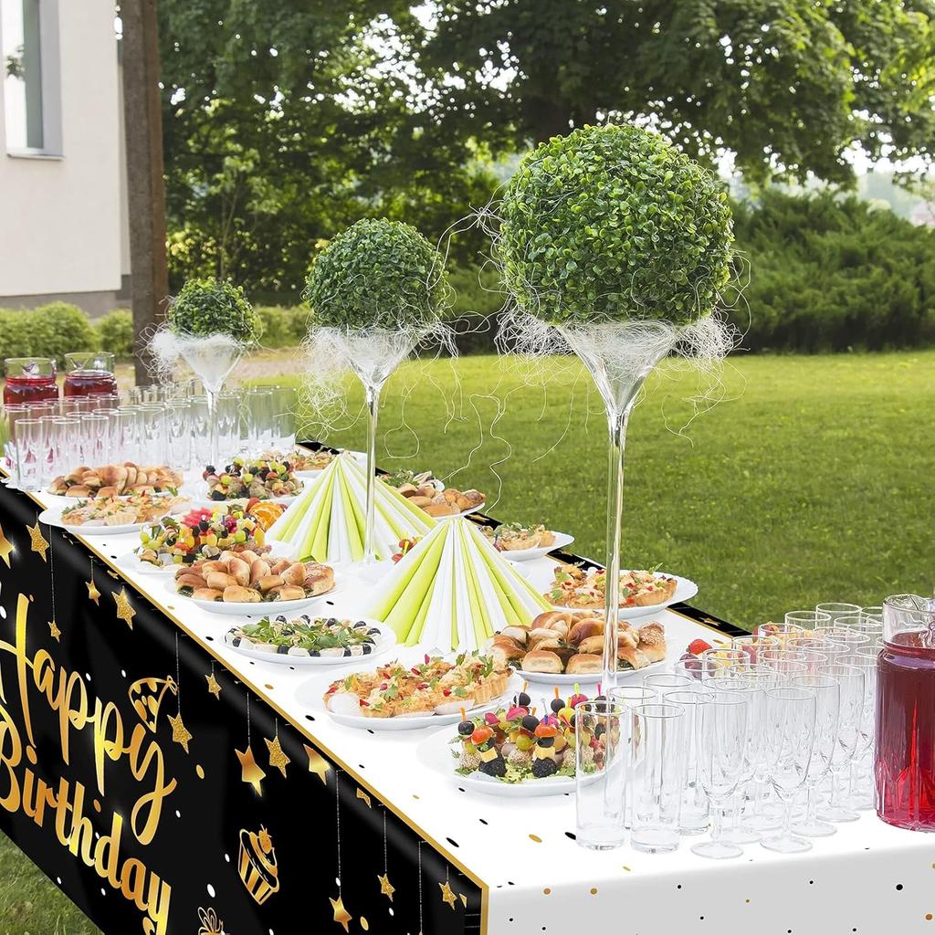 Ruisita 2 Pack Black Gold Table Cloth Cover Happy Birthday Tablecloth Party Tablecloths Rectangular Table Cloth Cover for Indoor or Outdoor Parties