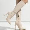 Damen Spitze Hoher Absatz Lange Stiefel Seitenreißverschluss Schlank Mittelhohe Stiefel für Büro Nachtclub Party Bankett Kneipe Sexy Ritterstiefel