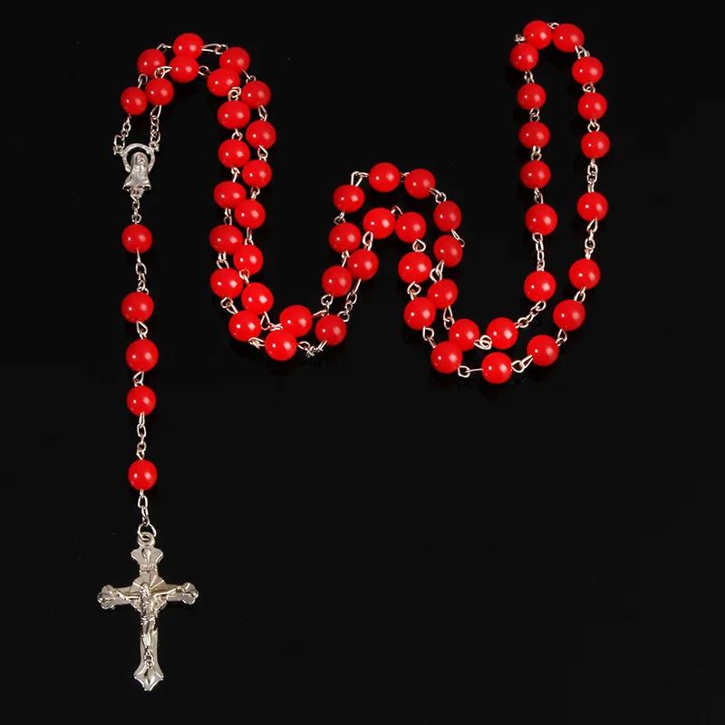 8mm Modeschmuck Rosenkranz Damen Halskette Hohe Qualität DIY Jesus Christliches Kreuz Halskette und Anhänger Lange Kette Schmuck Schmuck