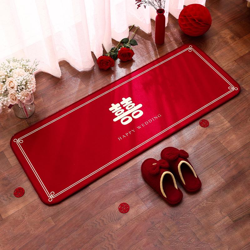 Red Crystal Velvet Non-slip Wedding Bedside Rug - Festive Bedroom Decor