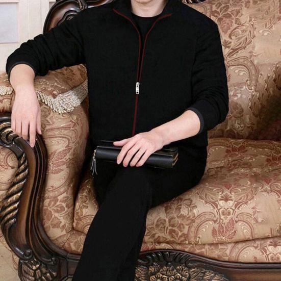 1 Set Jacket Pants Set Solid Color Zipper Autumn Winter Ribbed Cuff Coat Drawstring Pants for Daily Wear