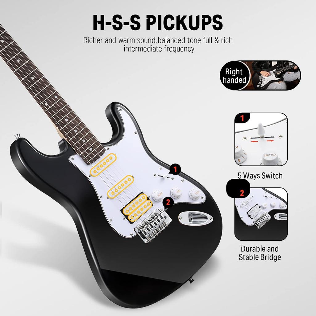 Donner Electric Guitar Beginner Set ST Type SSH Pickup Arrangement 39 Inches Full Size Poplar Wood Mini Amplifier Black 7 Piece Accessory Set