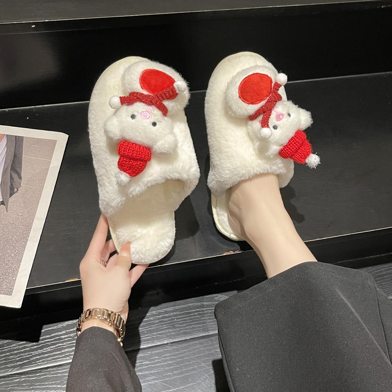 

модные новые зимние женские домашние однотонные тапочки из хлопка с рождественским медведем 40-41 белый