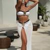 3 Piece Bandeau Bikini Set Sheer Long Skirt Cover Up Gold Decor Sexy Push Up Swimsuit Beach Vacation Bathing Suit for Women