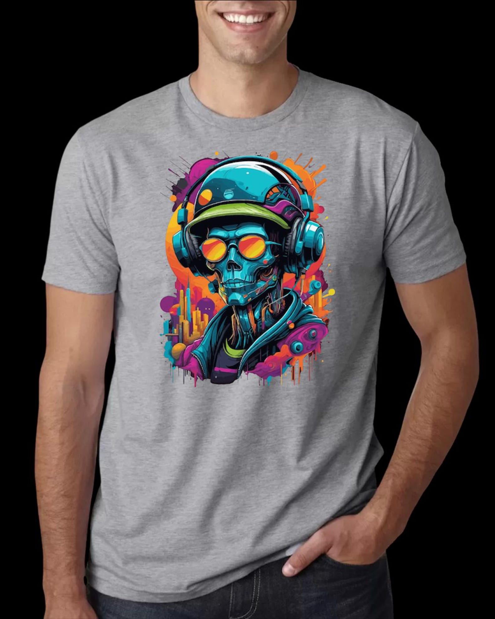 Cyberpunk Skull Headphones Graphic T shirt Neon Street Art Tee 3XL