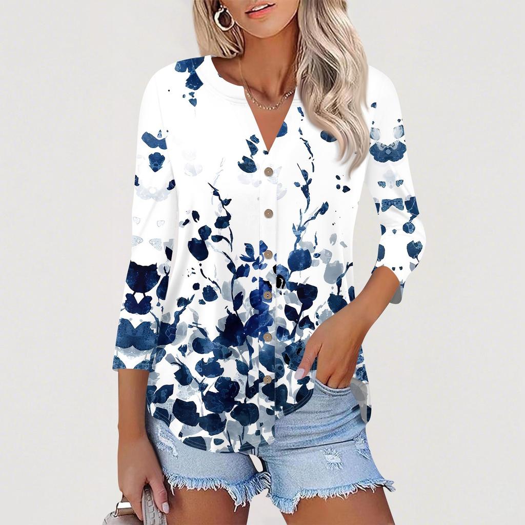Women's Button Down Cardigan T Shirts 3/4 Sleeve V Neck Tees Casual  Fashion Printed T-shirt Tops