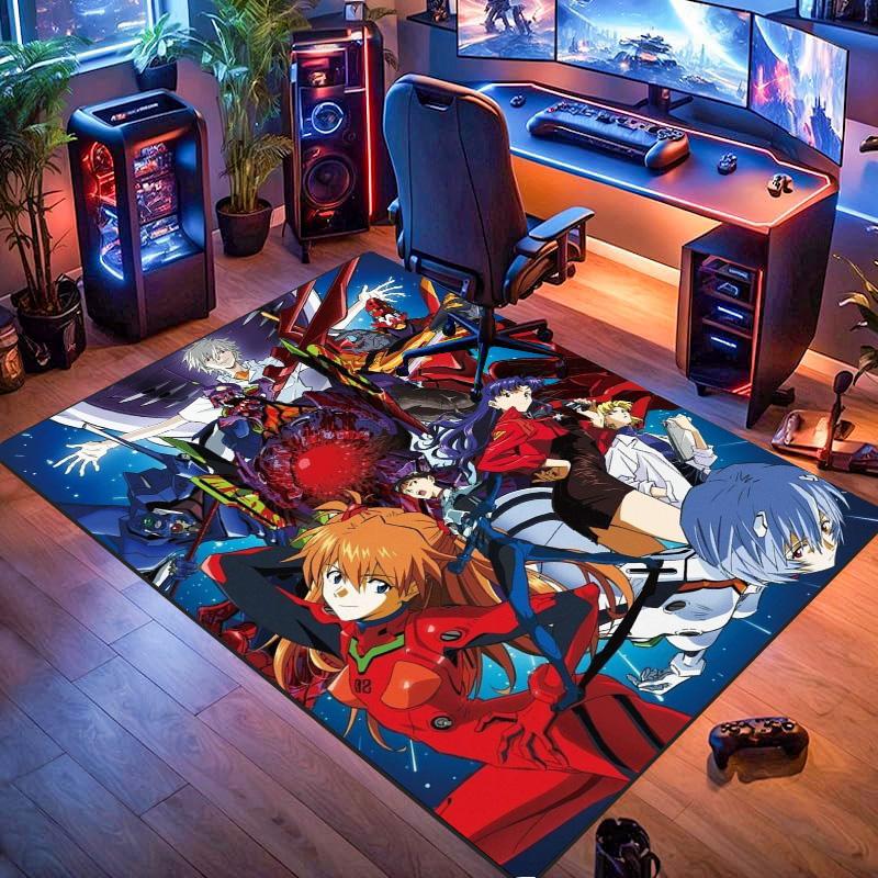 Neon Genesis Evangelion Anime Area Rug, Non Slip Floor Mat, Full Cast Mecha Group Print Carpet for Bedroom Home Decor