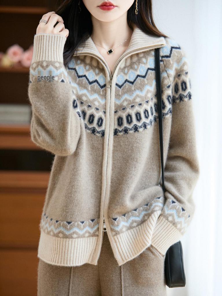 Color-Block Fair Isle Lapel Cashmere Cardigan - Women's Autumn/Winter 2025 Pure Wool Short Jacket