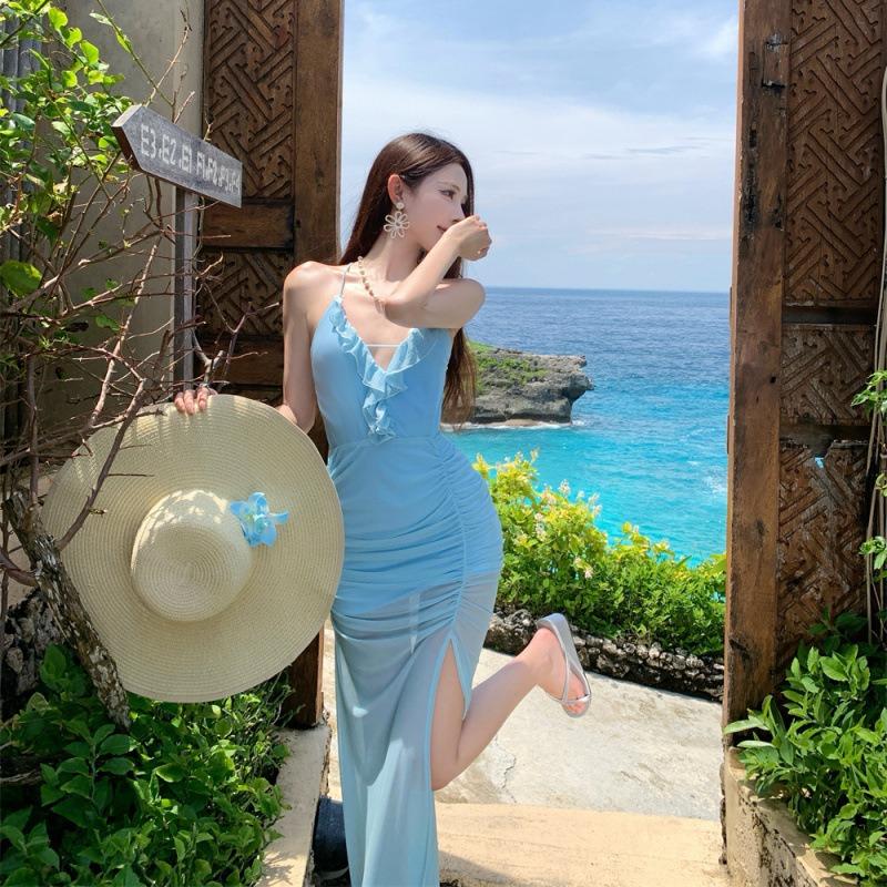 Lotus Leaf Collar Backless Strap Blue Suspender Skirt Sexy Split Mesh Dress Seaside Vacation Beach Skirt