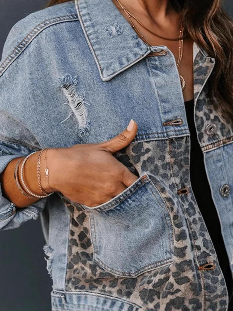 Women's Patchwork Leopard Print Denim Jacket 2026