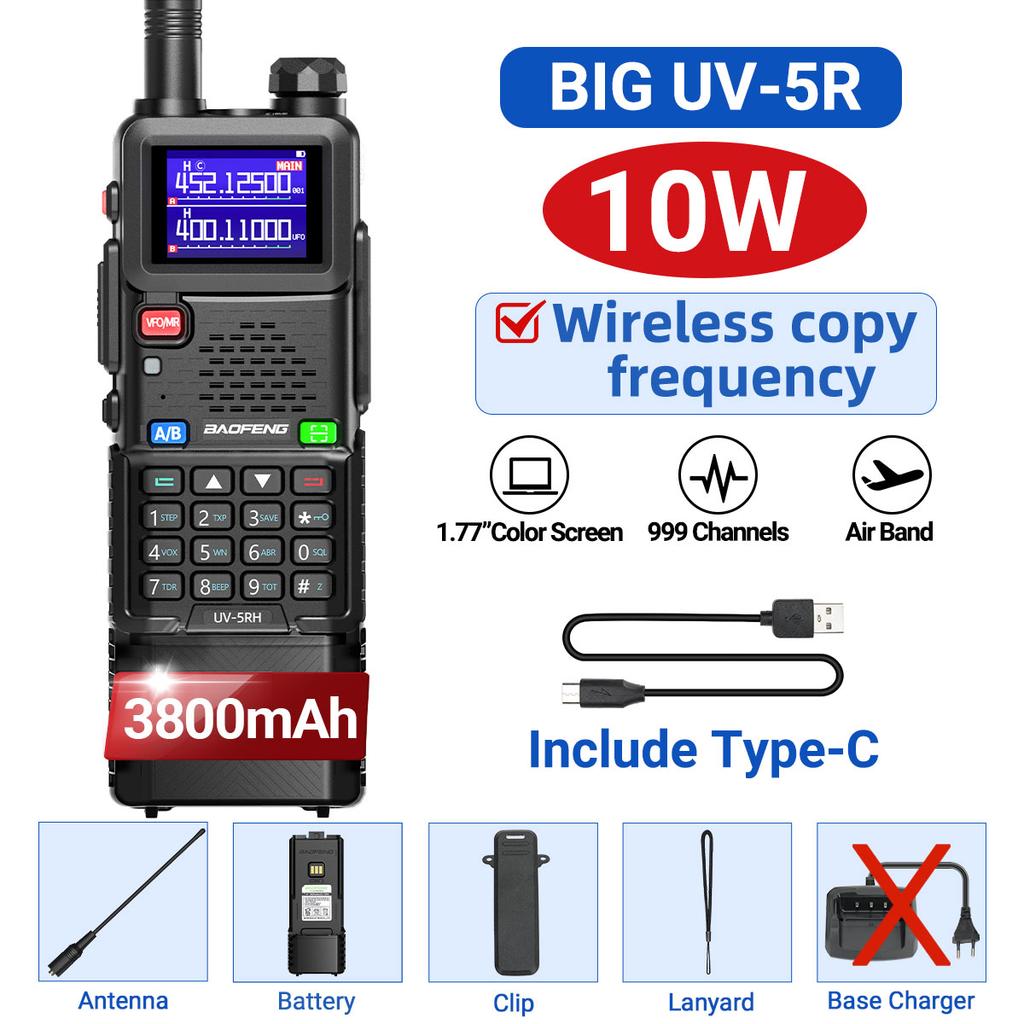 Baofeng UV-5RH 10W Air Band Walkie Talkie 3800mAh Wireless Copy Frequency Full Band NOAA Type-C Long Range Radio Upgraded UV-5R