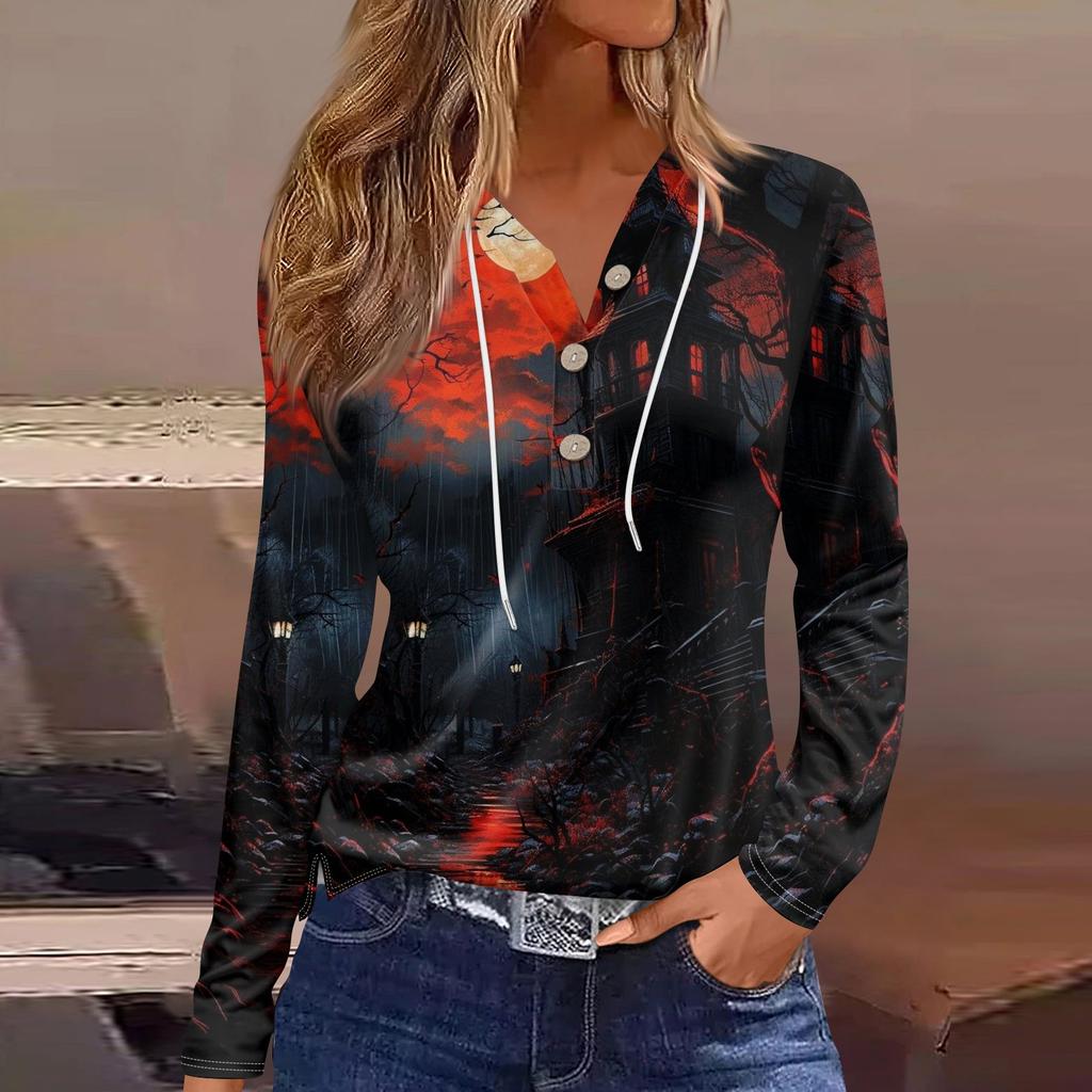 Damska Moda Casual Halloween Nadrukowana Bluza z Kapturem Ozdobny Guzik Koszulka z Długim Rękawem