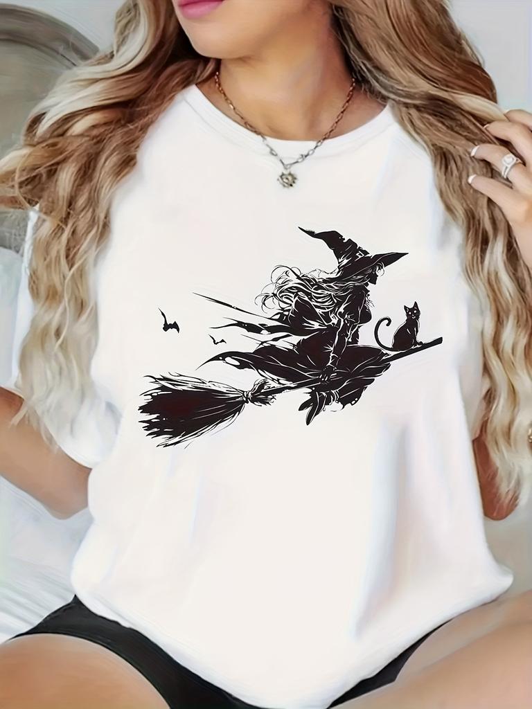 European Size Women's Casual Short Sleeve T-Shirt with Witch on Broomstick & Bats Print, Contrast Color Block Design, Round Neck, Machine Washable