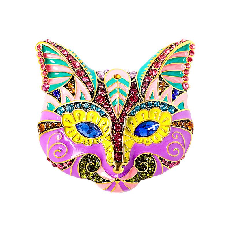 Vintage Women Carved Cat Mask Enamel Painting Crystal Brooches Pins Retro Baroque Palace Drip Oil Badges Suit Office Accessories