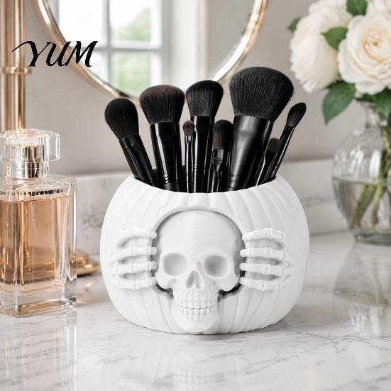 Decorative Pen Holder for Office Halloween Skull Pumpkin Holder, Gothic Pencil Cup, Spooky Autumn Desktop Decor Accessories Desk Organizer Party Home