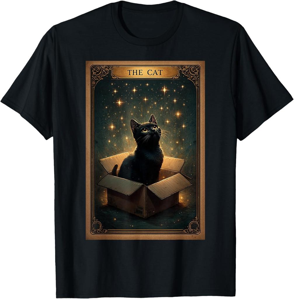 Mystical Black Cat on Box Magical Stars Retro Art Tarot Card T-Shirt