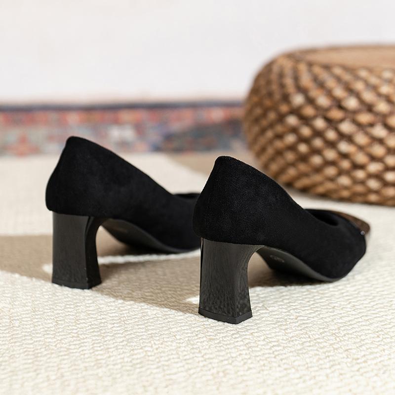 Fashion Square Toe High Heels Women's 2025 New Brown Temperament Light Mouth Color Block Commuter Versatile Block Heel Single Shoes