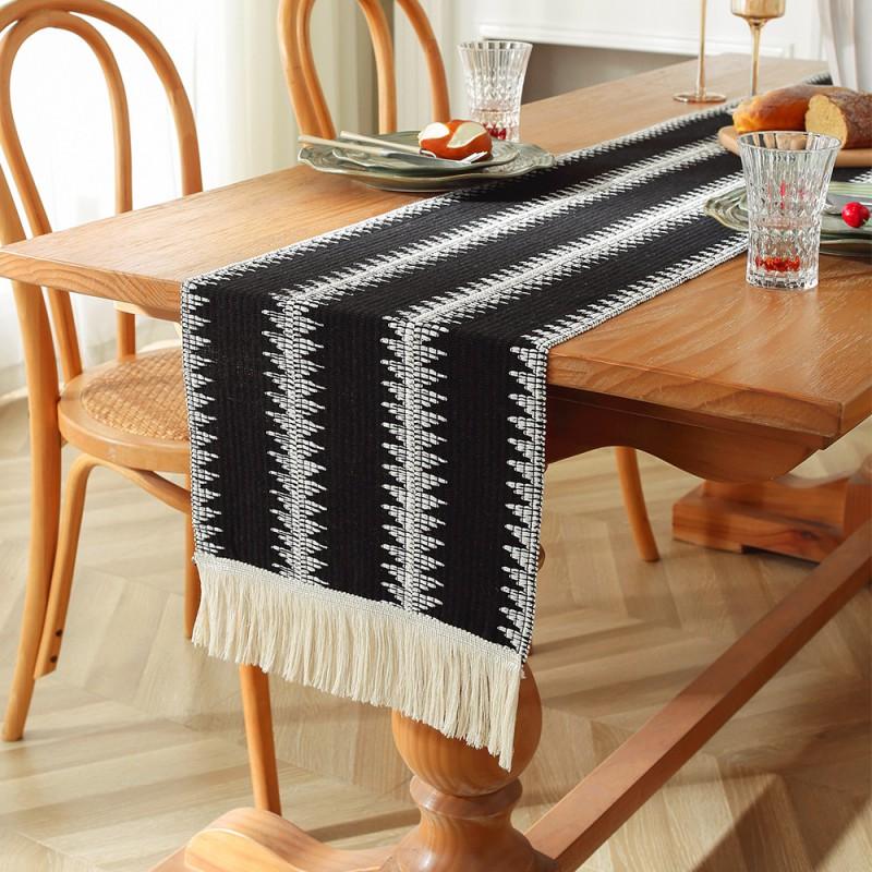 Cotton Linen Table Runner With Striped Patchwork Design Tassel Trim Modern Minimalist Long Cover Dining Room